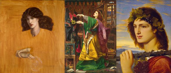 Combined photo of three paintings: 1. An unfinished portrait of a lady with just head and hands painted. A painting of lady in green and yellow robes holding a dragon shaped lamp. 3. Painting of youthful man wearing a crown of vine leaves and grapes.