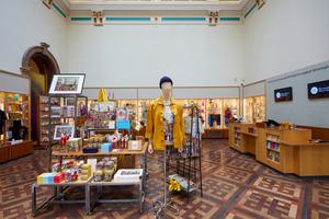 Shop items on display in a museum shop.