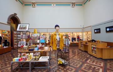 Shop items on display in a museum shop.