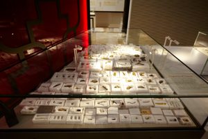 Close up of a large collection of Staffordshire hoard fragments in individual display boxes on display in a display case.