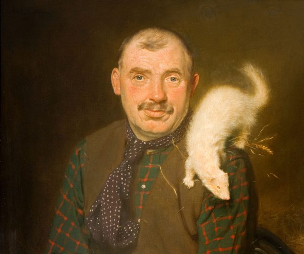 A portrait painting of a man sitting with a white ferret on his shoulder, a dog near his lap and a dead rat to the side.
