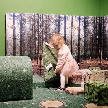 A child playing in a forest themed small soft play area.