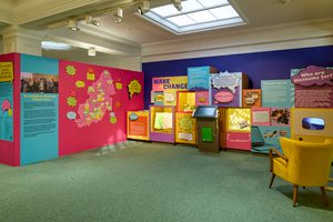 The Citizen Jury display area with bright coloured display cases featuring speech bubbles.