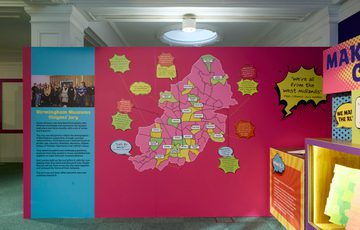 The intro panel to the Citizen's Jury with map of Birmingham with speech bubbles coming out of it.