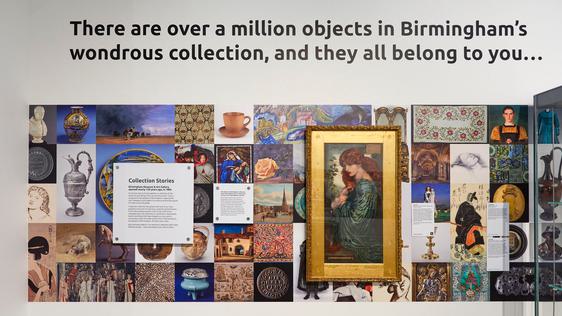 Lots of photos of collection objects on the wall. A painting hangs over the top. The painting has a gold frame and shows a portrait of a lady is holding a pomegranate.