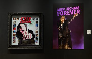 A large photo of Ozzy Osbourne with the text Birmingham Forever. Next to a framed albums.
