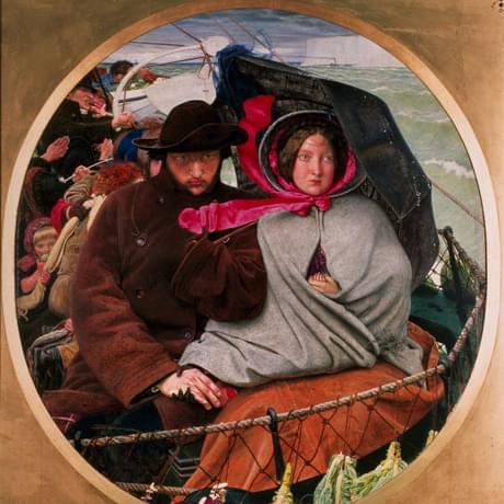 A painting of a man and women sitting on a boat, holding hands. The man holds and umbrella and the lady is holding a baby with is hidden by her shawl. Behind them are other people on the boat and the sea.