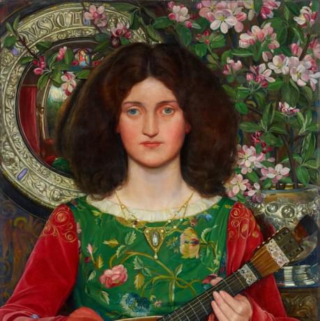 Painting of a female figure with dark hair playing a lute. She wears a green dress with flowers and has red sleeves. In the background is a mirror and vase full of flowers.