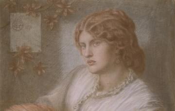 A chalk drawing of a lady in a white dress holding a feather and fan.