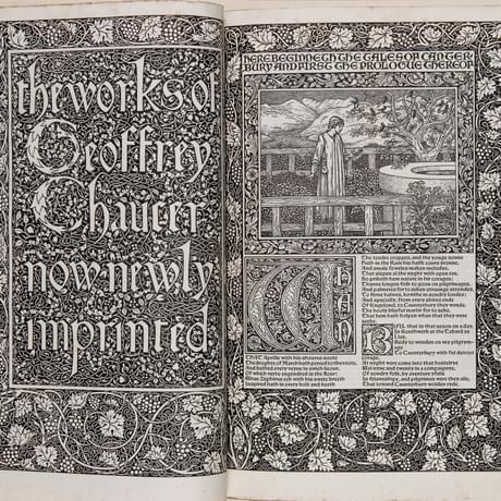 An open book featuring illustrated text reading The Words of Geoffrey Chaucer now newly imprinted'.