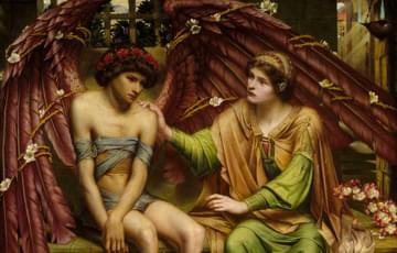 A person in green drapery is comforting another person who has large wings and is wrapped in cloth bondages.