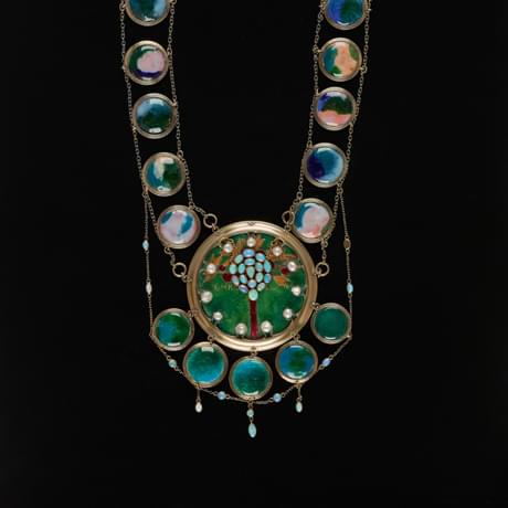 A neckpiece made of silver gilt, painted enamel, pearls and opals.