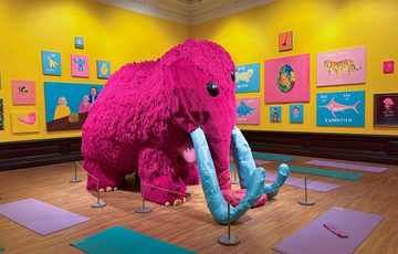 A bright colourful art gallery with large pink woolly mammoth, surrounded by pilates mats on the floor.