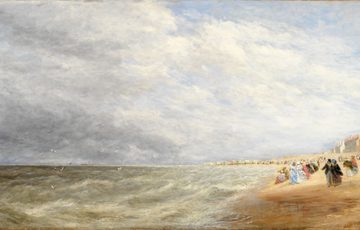 Painting of a sea and beach scene with small figures of people on the beach and blue cloudy sky.