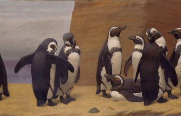 A painting of 11 penguins on a beach with rock and sea in the background.