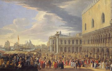 A painting of a large amount of people outside with ornate Venetian building to the side and boats in the background.