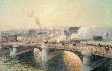 An impressionist style paining of a landscape with a river, bridge and buildings beyond.