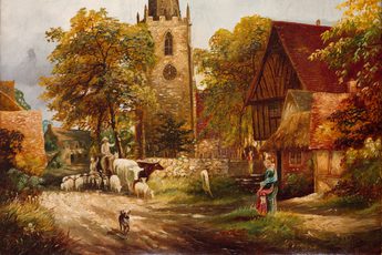 Painting of farm animals in front of a spired church building and cottages