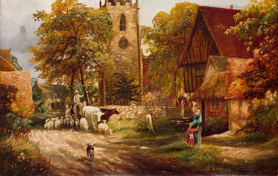 Painting of farm animals in front of a spired church building and cottages