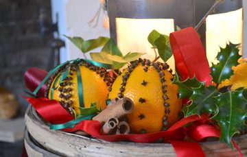 Two orange pomanders in a bowl with cinnamon sticks and holy.