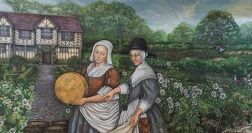 A painting of two Tudor women in the gardens at Blakesley Hall.