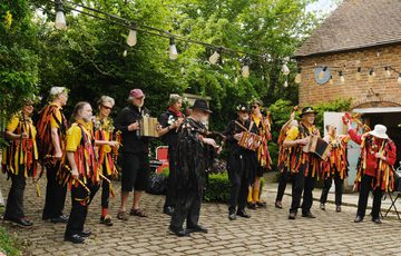 A group of adults dressed in traditional Morris dancer costumes and playing instruments.