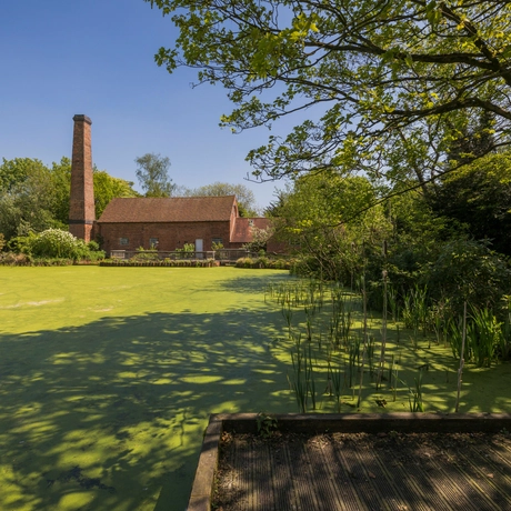 Distant view of Mill in front of pond surrounded by trees