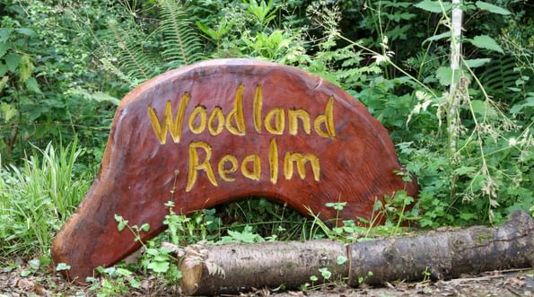 A wooden sculpture with the words 'Woodland Realm' carved into it.