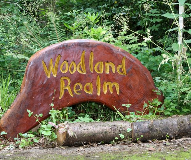 A wooden sculpture with the words 'Woodland Realm' carved into it.