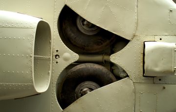 Close up of the wheels underneath the Hawker Hurricane Fighter Aircraft.
