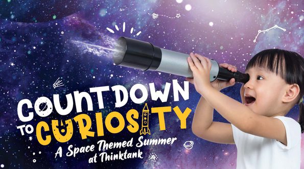 A child with a telescope with text 'Countdown to curiosity - a space themed summer at Thinktank'.