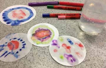 Objects on a table inducing: Filter paper with coloured patterns on it, pens and a glass filled with liquid.