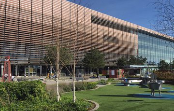 A large modern building with garden in front. In the garden is trees, plants and science exhibits
