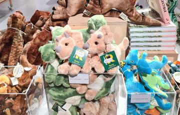 Cuddly dinosaur toys on display in the shop.