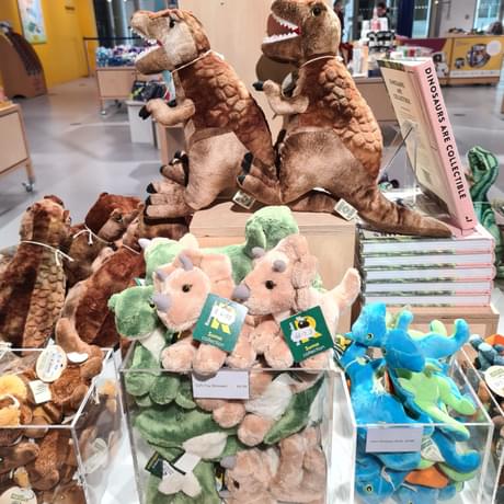 Cuddly dinosaur toys on display in the shop.