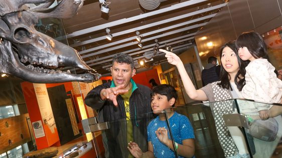 Family observes and discusses a skull exhibit in a brightly lit museum.