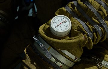 Close up of a space suit.