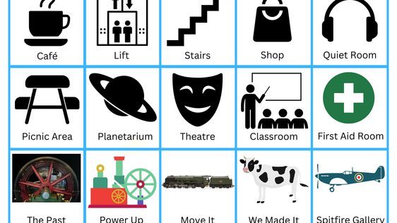 Picture and Symbol Cards showing symbols for: Cafe, Lift, Stairs, Shop, Quiet Room, Picnic Area, Planetarium, Theatre, Classroom, First Aid Room. Plus the following galleries: The Past, Power Up, Move It, We Made It, Spitfire.