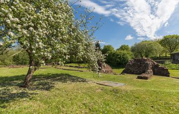 Trees and grounds of Weoley Castle ruins with part of the ruin in the background.