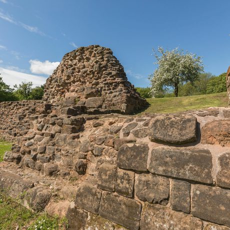 Close up of ruined stone Castle walls and a cherry tree in blossom