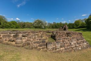 Remains of a ruined castle wall in a field surrounded by trees on a sunny day