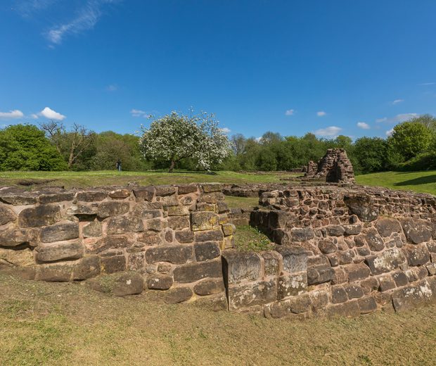 Remains of a ruined castle wall in a field surrounded by trees on a sunny day