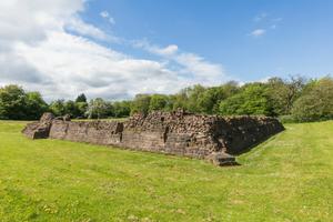 Wide view of castle ruins in a field surrounded by trees