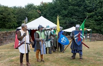 A group of re-enactors dressed as medieval knights, holding flags or shields..