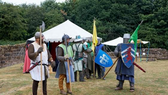 A group of re-enactors dressed as medieval knights, holding flags or shields..